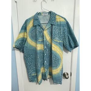 Vintage Fish Tales Camp Shirt XL Blue Yellow Retro Mahi Mahi Beachy Grandpa Core